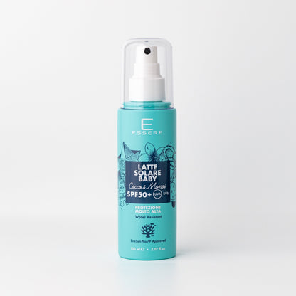 Essere Bio Latte Solare Baby SPF 50+ Cocco e Monoi 150 ml, protezione molto alta EcoSun Pass® per bambini, fronte
