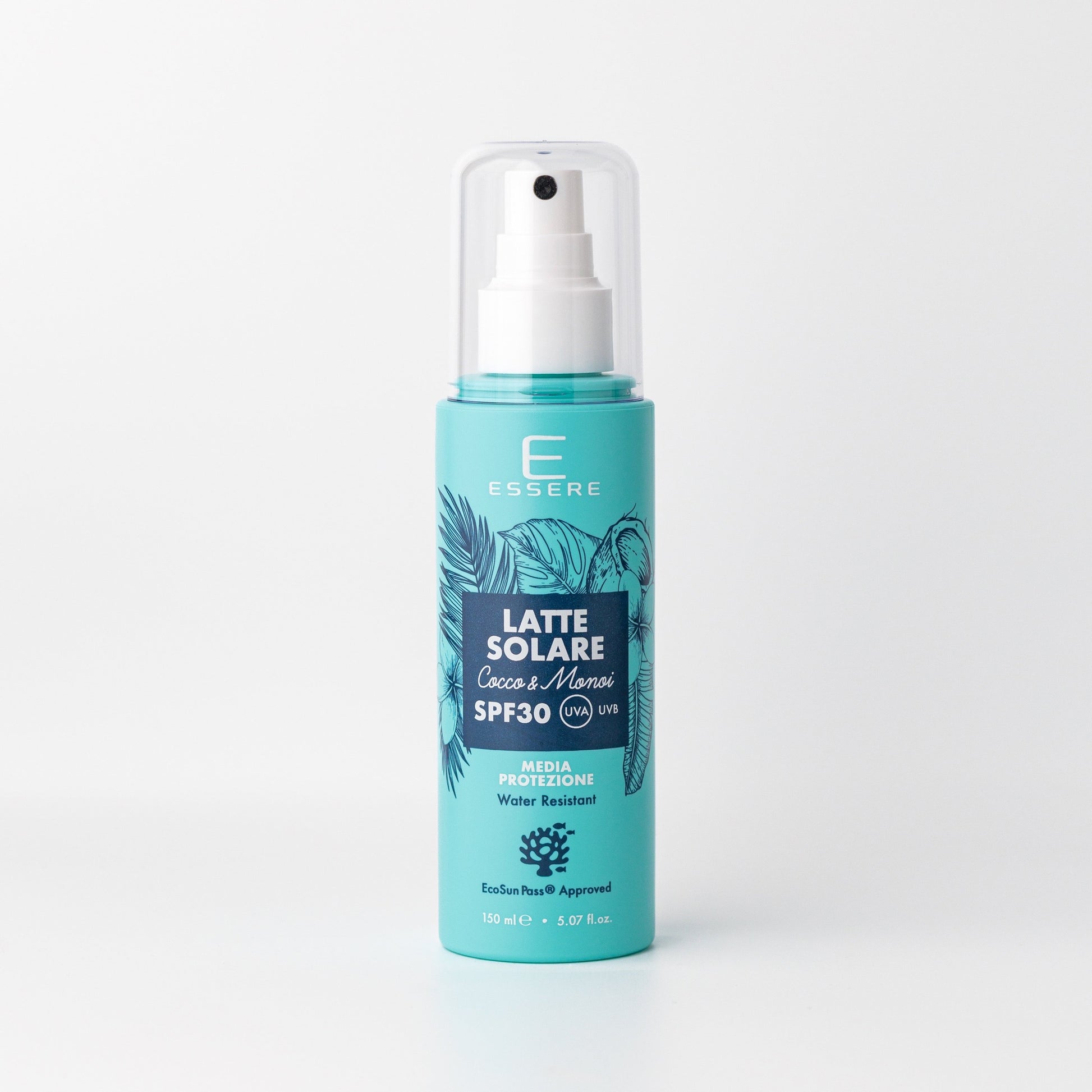 Essere Bio Latte Solare SPF 30 Cocco e Monoi 150 ml, media protezione EcoSun Pass®, flacone spray Be Sunny, fronte