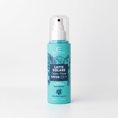 Essere Bio Latte Solare SPF 30 Cocco e Monoi 150 ml, media protezione EcoSun Pass®, flacone spray Be Sunny, fronte