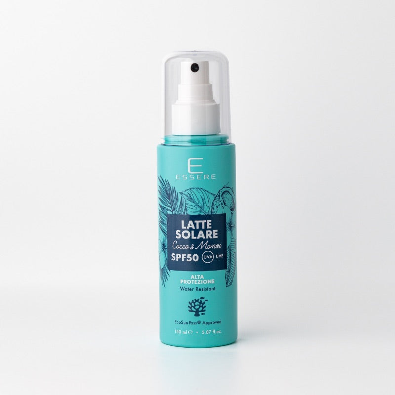 Essere Bio Latte Solare SPF 50 Cocco e Monoi 150 ml, alta protezione EcoSun Pass®, flacone spray Be Sunny, fronte