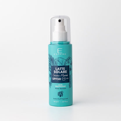 Essere Bio Latte Solare SPF 50 Cocco e Monoi 150 ml, alta protezione EcoSun Pass®, flacone spray Be Sunny, fronte