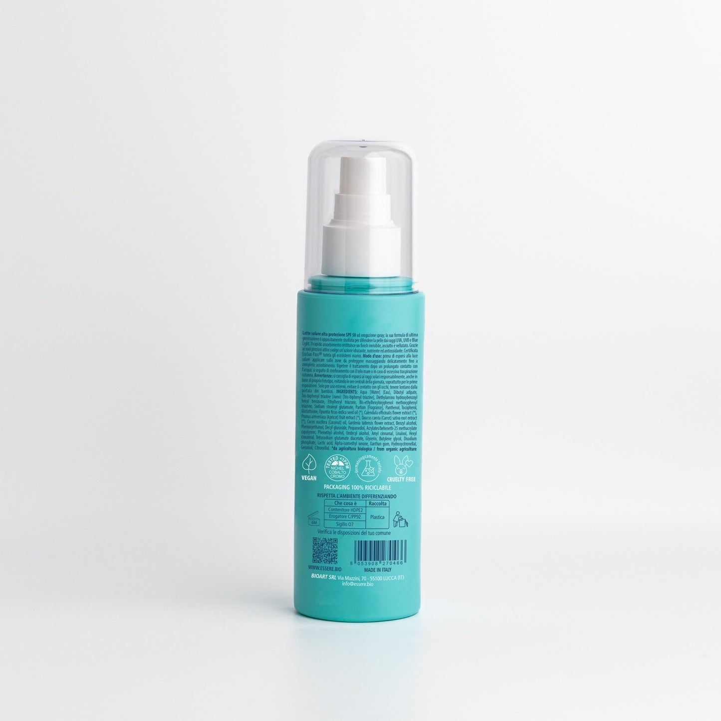Retro del Latte Solare SPF 50 Essere Bio 150 ml con INCI, protezione UVA UVB e formula water resistant