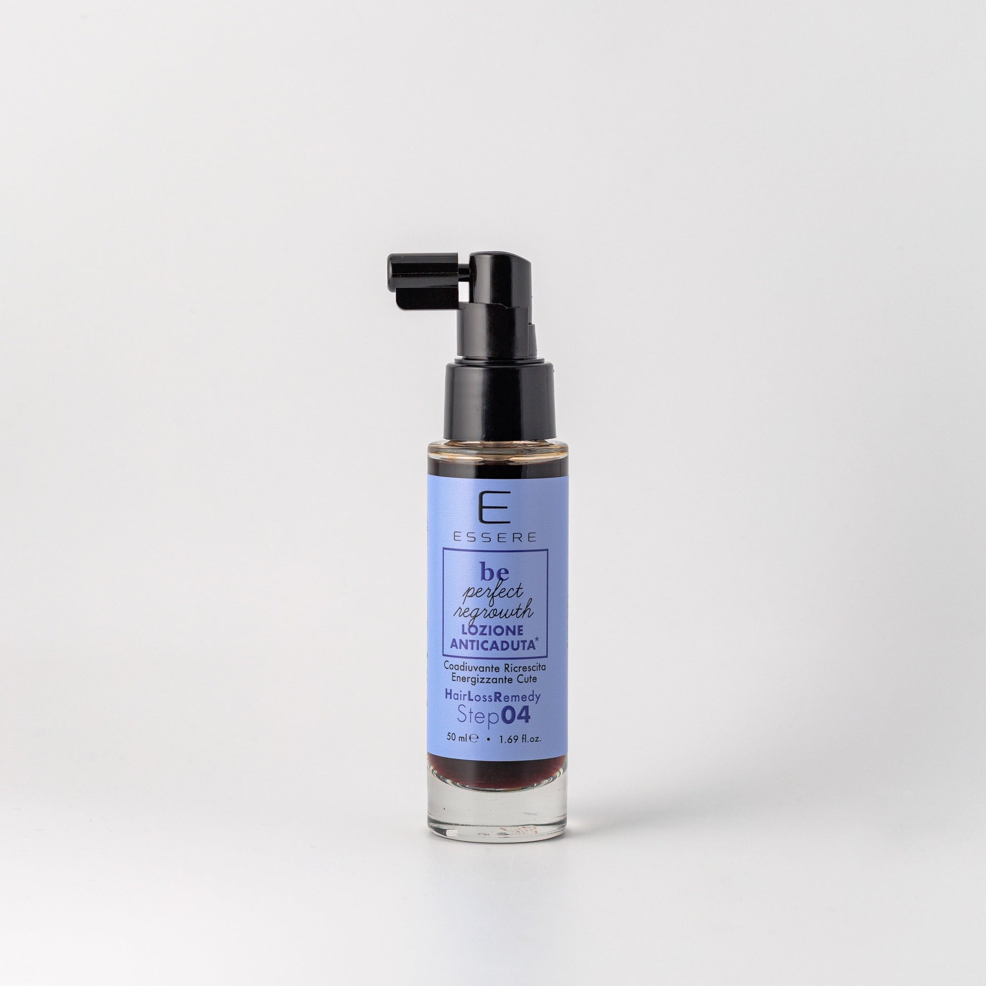 Lozione Anticaduta Essere Bio 50 ml, flacone spray in vetro della linea Be Perfect Regrowth, vista frontale del prodotto