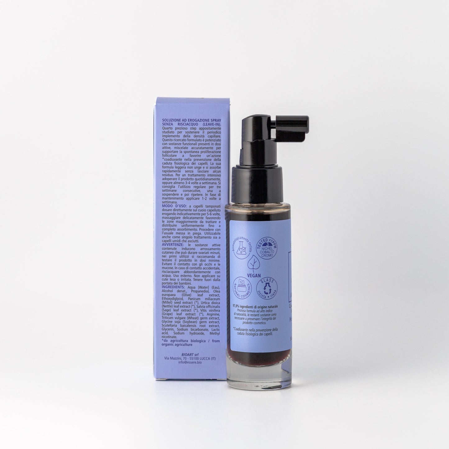 Retro della Lozione Anticaduta Essere Bio 50 ml con INCI e ingredienti di origine naturale, linea Be Perfect Regrowth