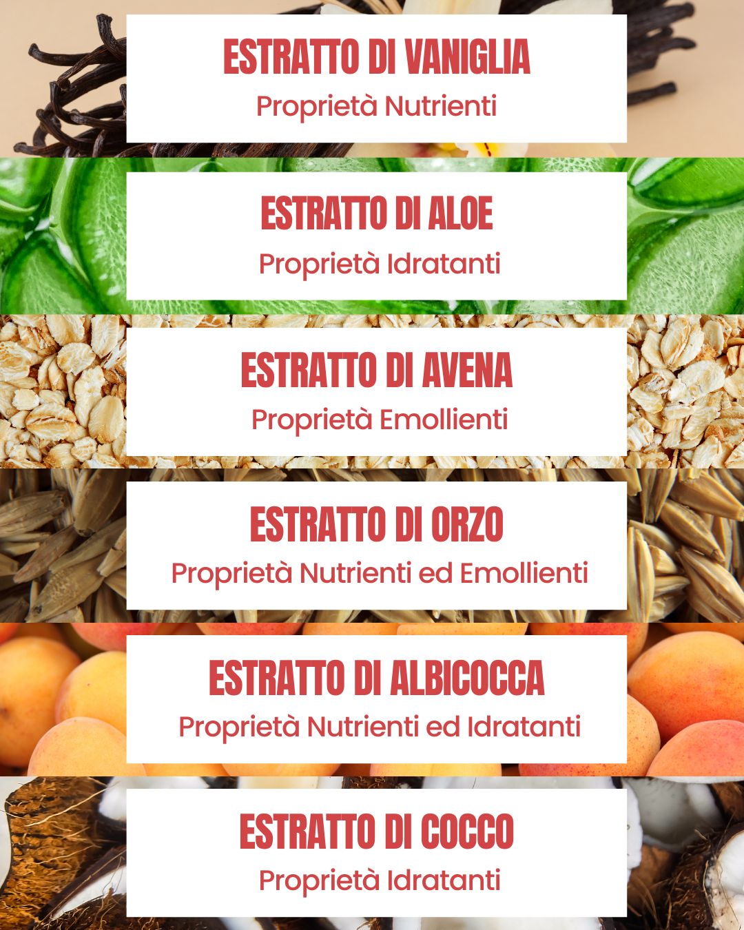 Attivi della Maschera Capelli Essere Bio: vaniglia, aloe, avena, orzo, albicocca e cocco, nutrienti e idratanti