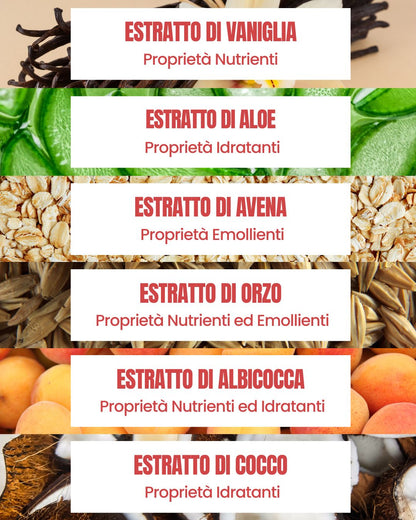 Attivi della Maschera Capelli Essere Bio: vaniglia, aloe, avena, orzo, albicocca e cocco, nutrienti e idratanti