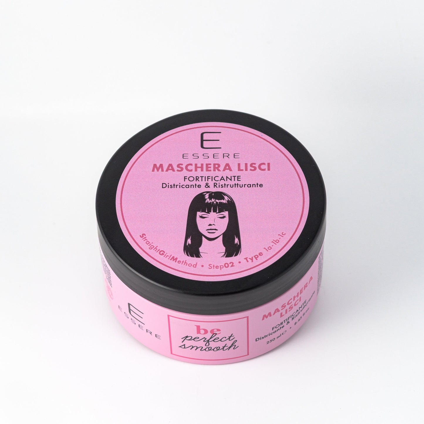 Essere Bio Maschera Lisci Fortificante 250 ml, vasetto rosa della linea Be Perfect Smooth visto dall'alto