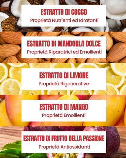 Attivi della Maschera Mani Essere Bio: cocco, mandorla dolce, limone, mango e frutto della passione nutrienti