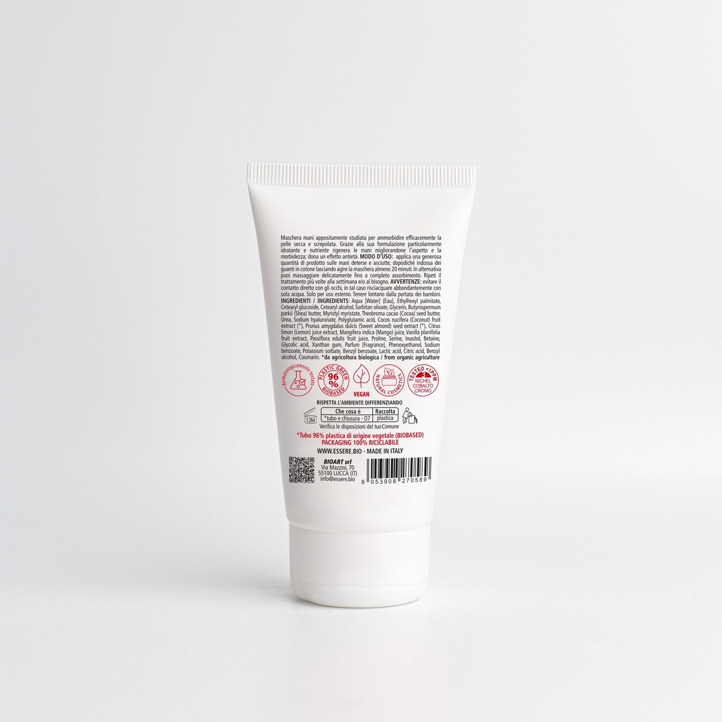 Retro della Maschera Mani Essere Bio 75 ml con INCI e ingredienti di origine naturale, linea Be Hands
