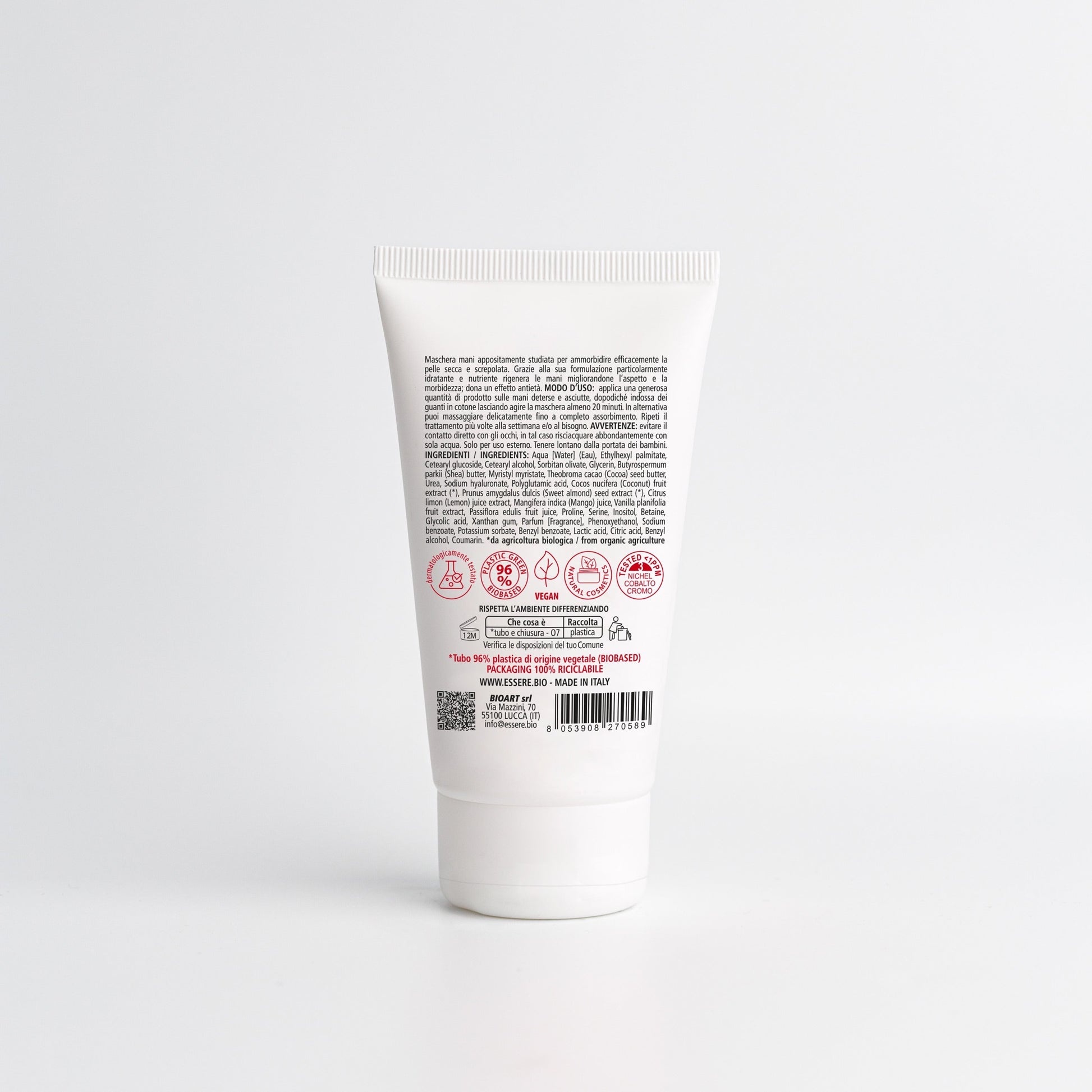 Retro della Maschera Mani Essere Bio 75 ml con INCI e ingredienti di origine naturale, linea Be Hands