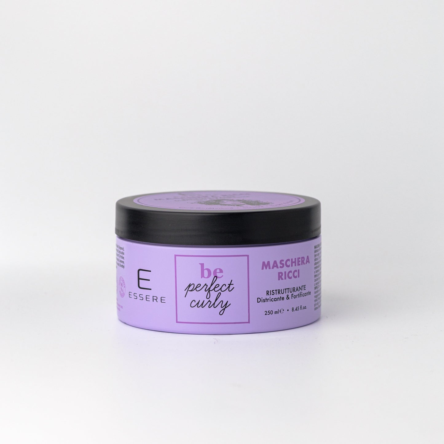 Vasetto della Maschera Ricci Ristrutturante Essere Bio 250 ml, linea Be Perfect Curly, vista angolata