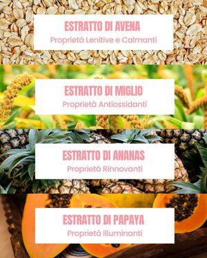 Essere Bio Miracle Glow actives: exfoliating, brightening oat, millet, pineapple and papaya extracts