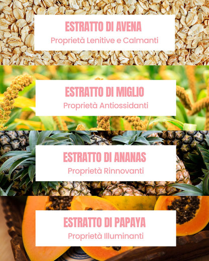 Attivi di Miracle Glow Essere Bio: estratti di avena, miglio, ananas e papaya esfolianti e illuminanti