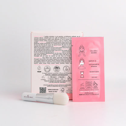 Retro della bustina Miracle Glow Essere Bio 70 ml con INCI e 96,6% di ingredienti di origine naturale
