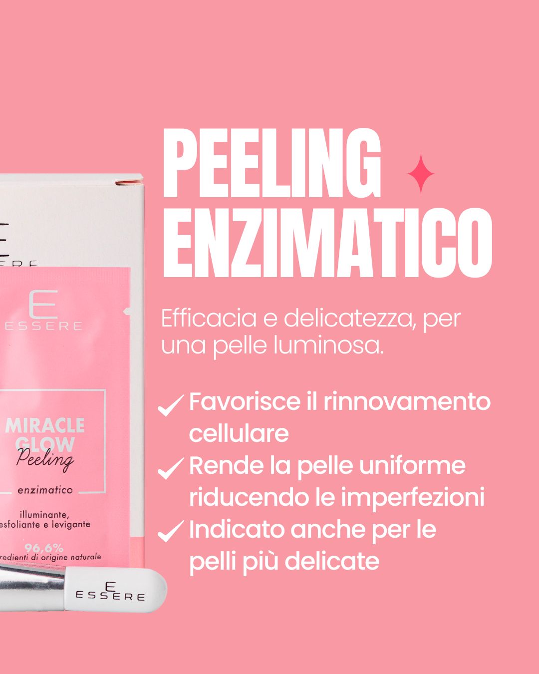 Essere Bio Miracle Glow benefits card: an enzyme peel that renews and brightens delicate skin