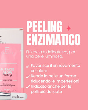 Essere Bio Miracle Glow benefits card: an enzyme peel that renews and brightens delicate skin