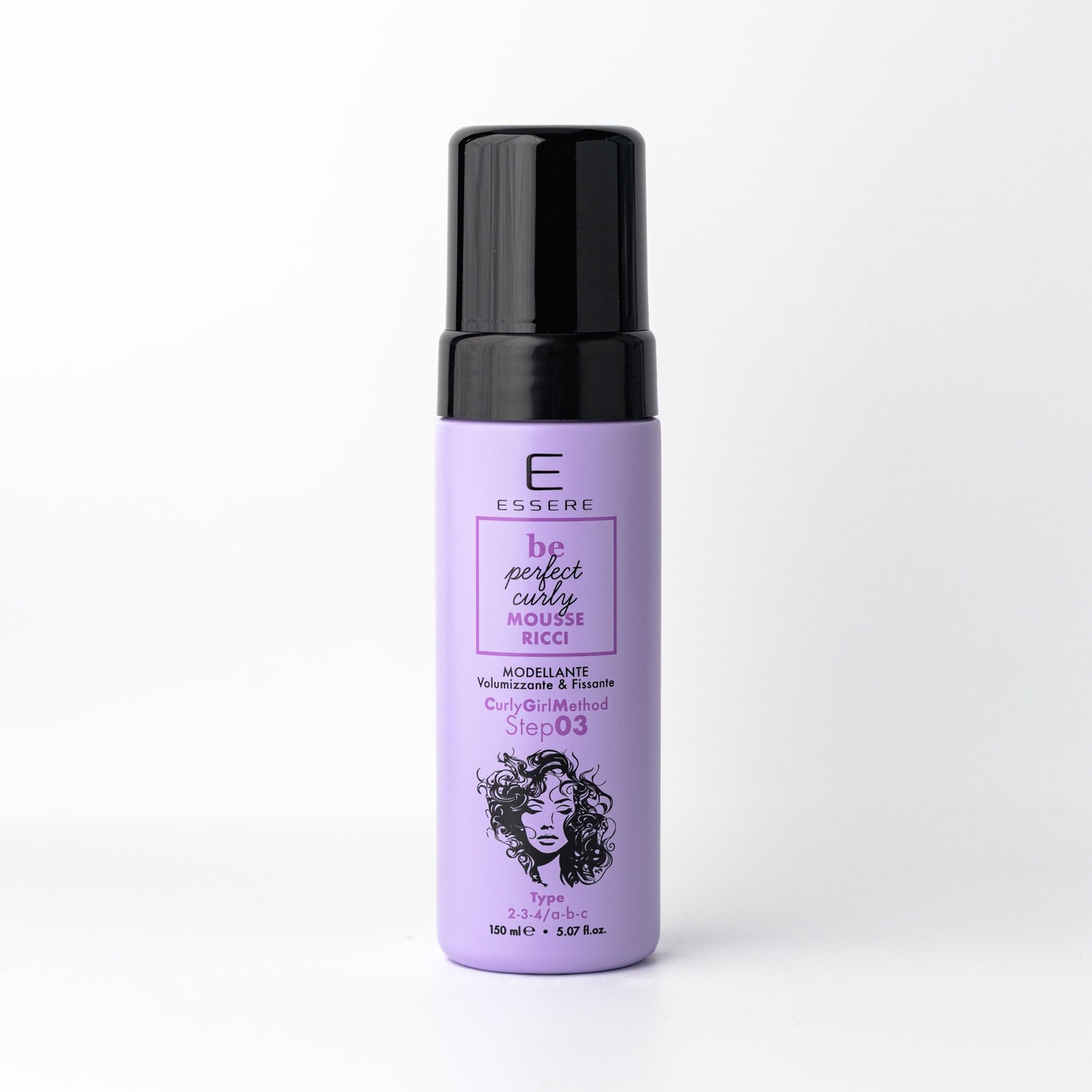Essere Bio Mousse Ricci Nutriente 150 ml, flacone lilla con erogatore Be Perfect Curly, vista frontale