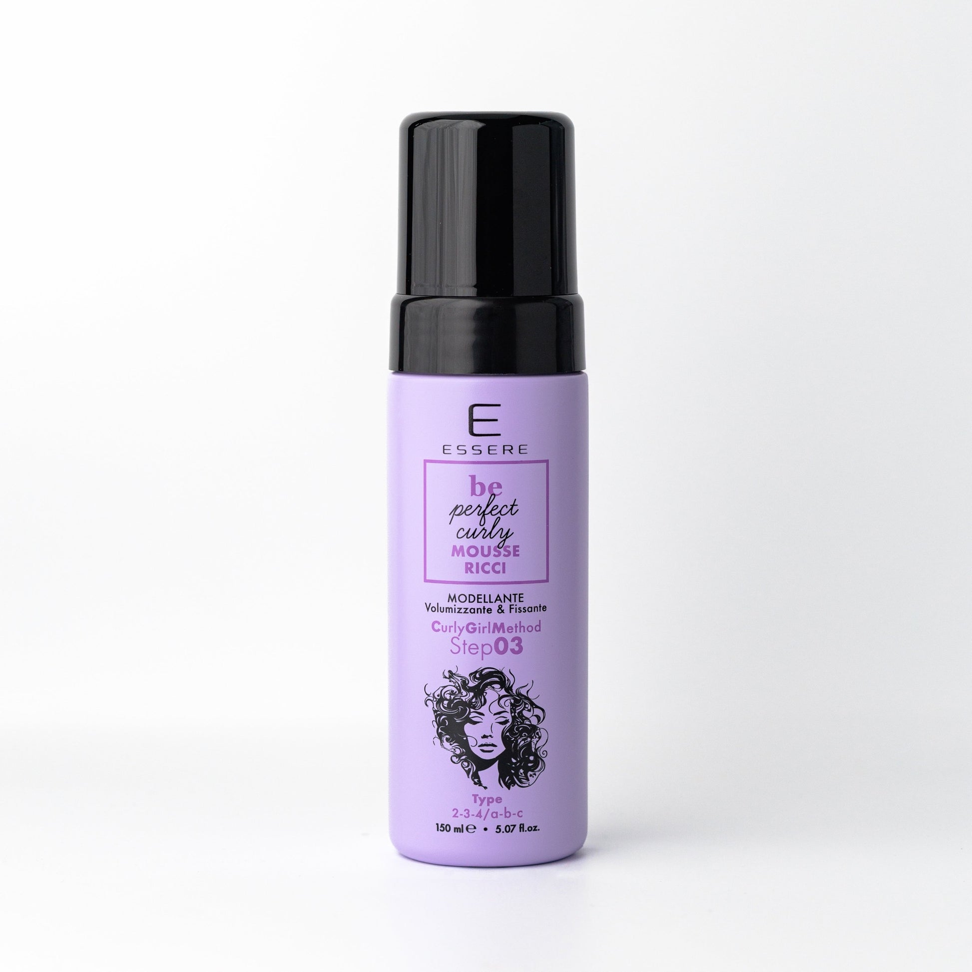 Essere Bio Mousse Ricci Nutriente 150 ml, flacone lilla con erogatore Be Perfect Curly, vista frontale