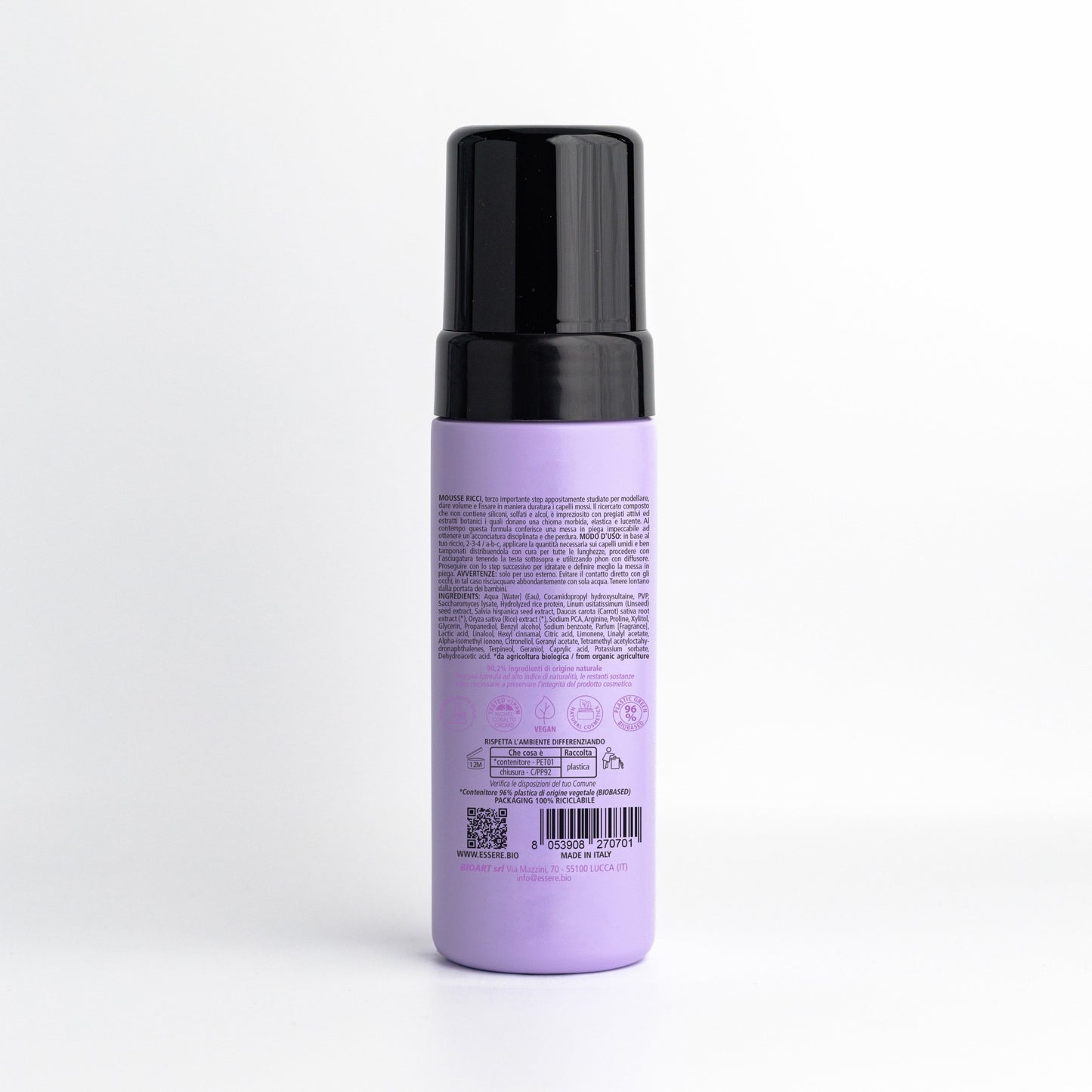 Retro della Mousse Ricci Nutriente Essere Bio 150 ml con INCI e ingredienti di origine naturale