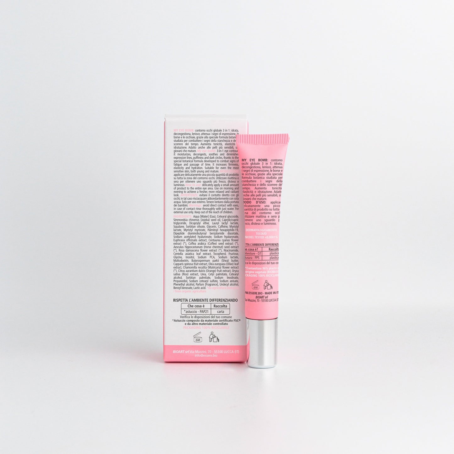 Retro del tubetto My Eye Bomb Essere Bio 15 ml con INCI e 95,3% di ingredienti di origine naturale