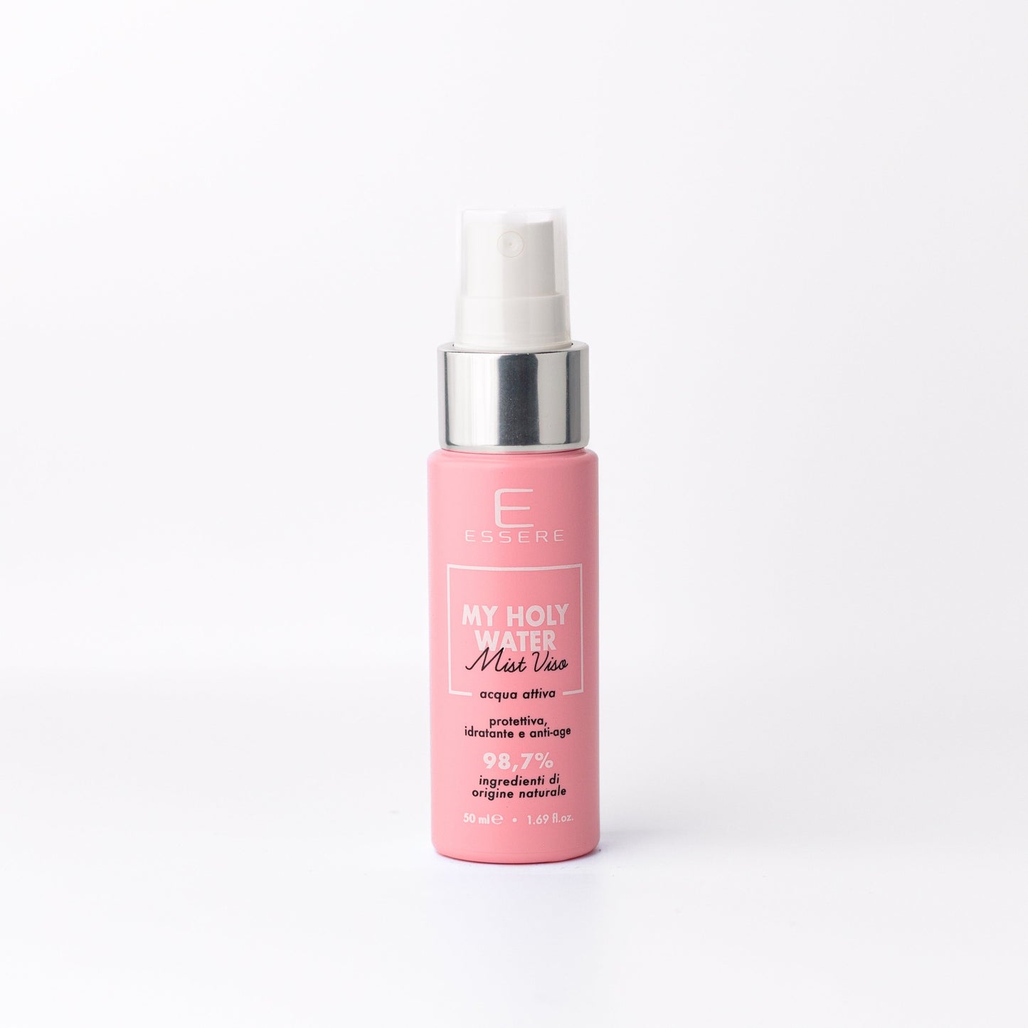 Essere Bio My Holy Water, mist viso acqua attiva 50 ml – flacone spray rosa formato piccolo, vista fronte