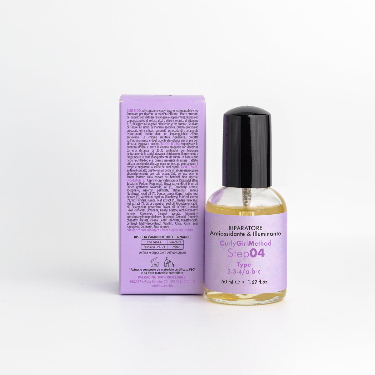 Back of the Essere Bio Repairing Curly Hair Oil 50 ml and box with INCI and natural ingredients