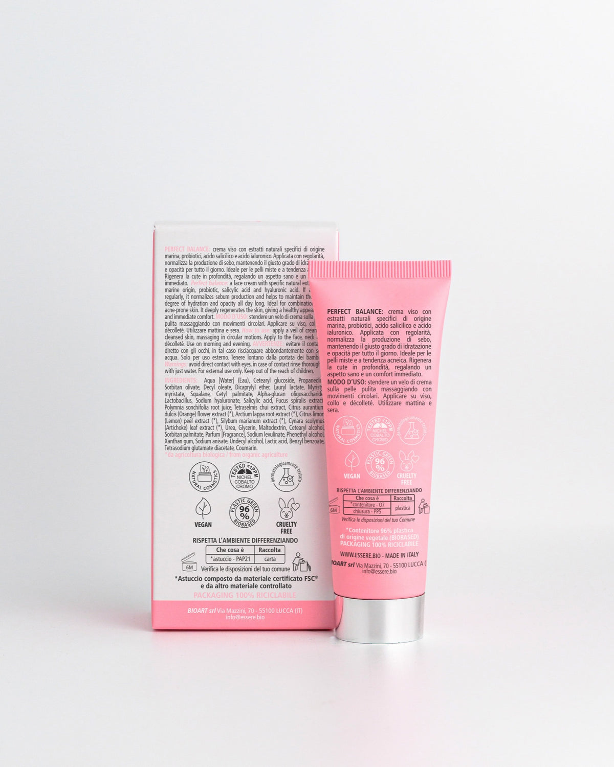 Back of the Essere Bio Perfect Balance 50 ml tube with INCI and 98% natural origin ingredients