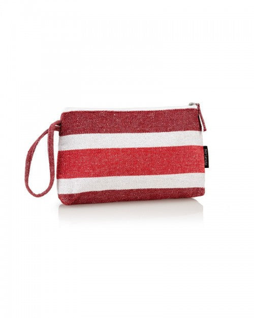 Pochette mare Guy Laroche per Essere Bio a righe rosse in cotone con zip, vista frontale su fondo bianco