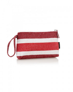 Guy Laroche beach pouch for Essere Bio, red stripes, cotton with zip, front view on a white background