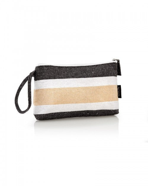Pochette mare Guy Laroche per Essere Bio a righe grigio e sabbia in cotone con zip, su fondo bianco