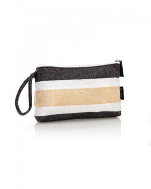 Guy Laroche beach pouch for Essere Bio, grey and sand stripes, cotton with zip, on a white background