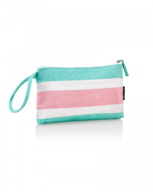 Pochette mare Guy Laroche per Essere Bio a righe rosa e verde acqua in cotone con zip, su fondo bianco