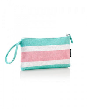 Guy Laroche beach pouch for Essere Bio, pink and aqua green stripes, cotton with zip, on a white background