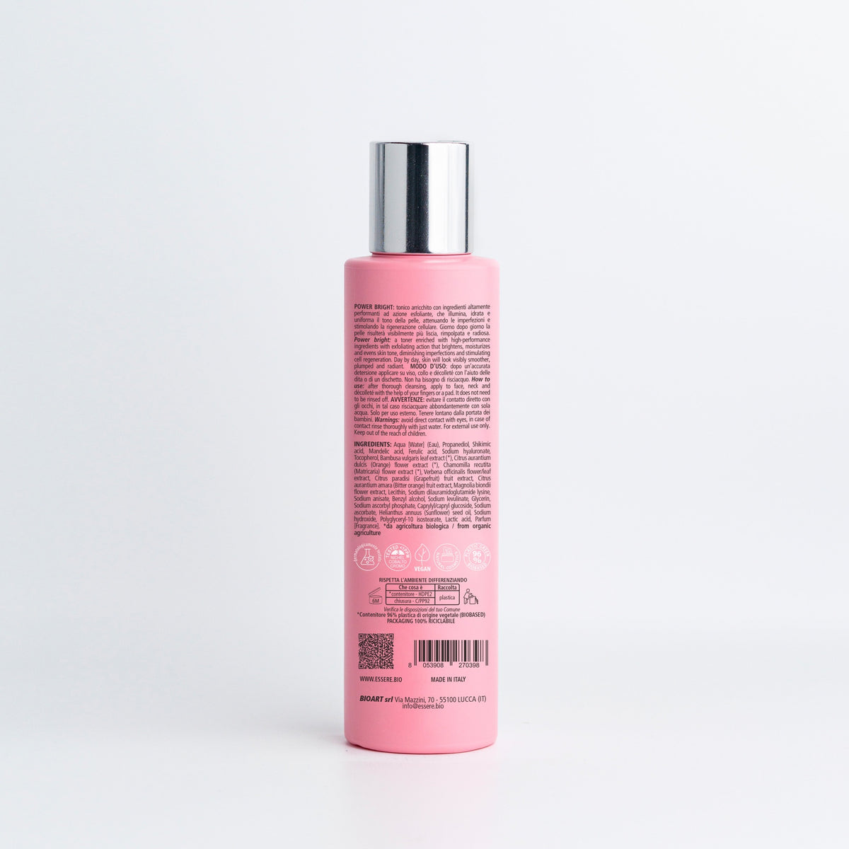 Back of the Essere Bio Power Bright 150 ml bottle with INCI and 98.7% natural origin ingredients