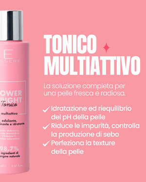 Essere Bio Power Bright benefits card: exfoliating multi-active toner that brightens and evens tone