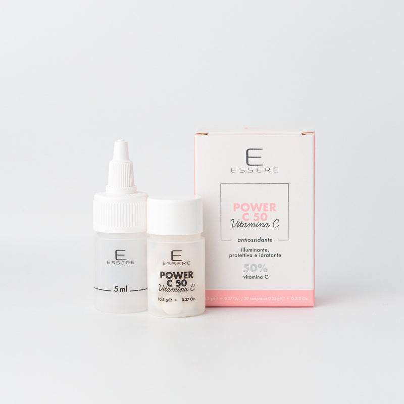 Essere Bio Power C50 vitamina C in compresse Be Beauty, flaconi e astuccio, vista frontale del packshot