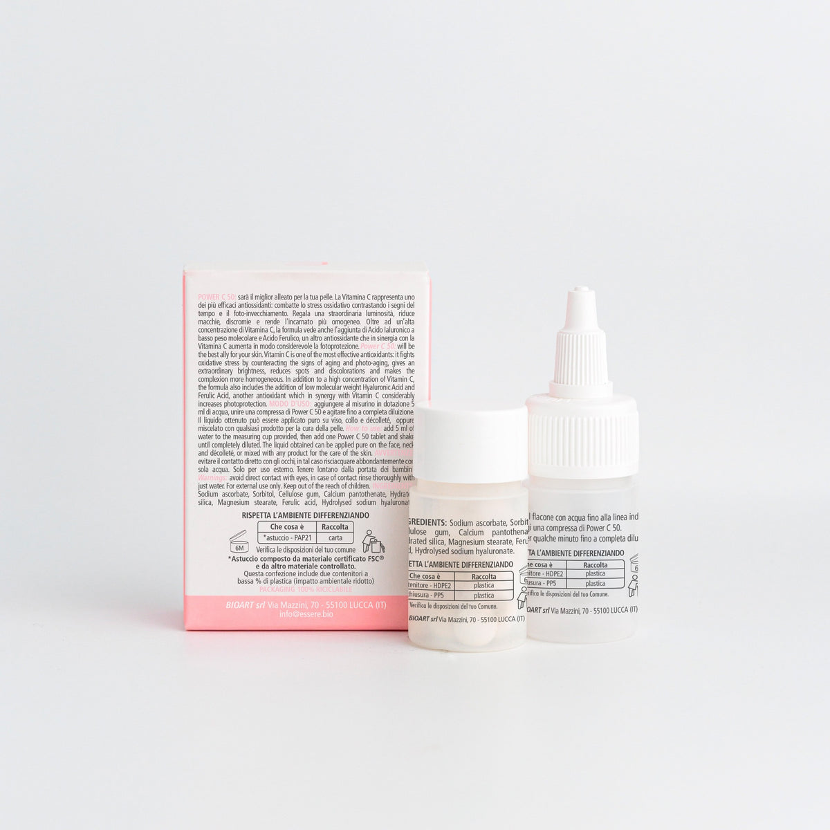 Back of the Essere Bio Power C50 box with INCI and directions for the vitamin C tablets
