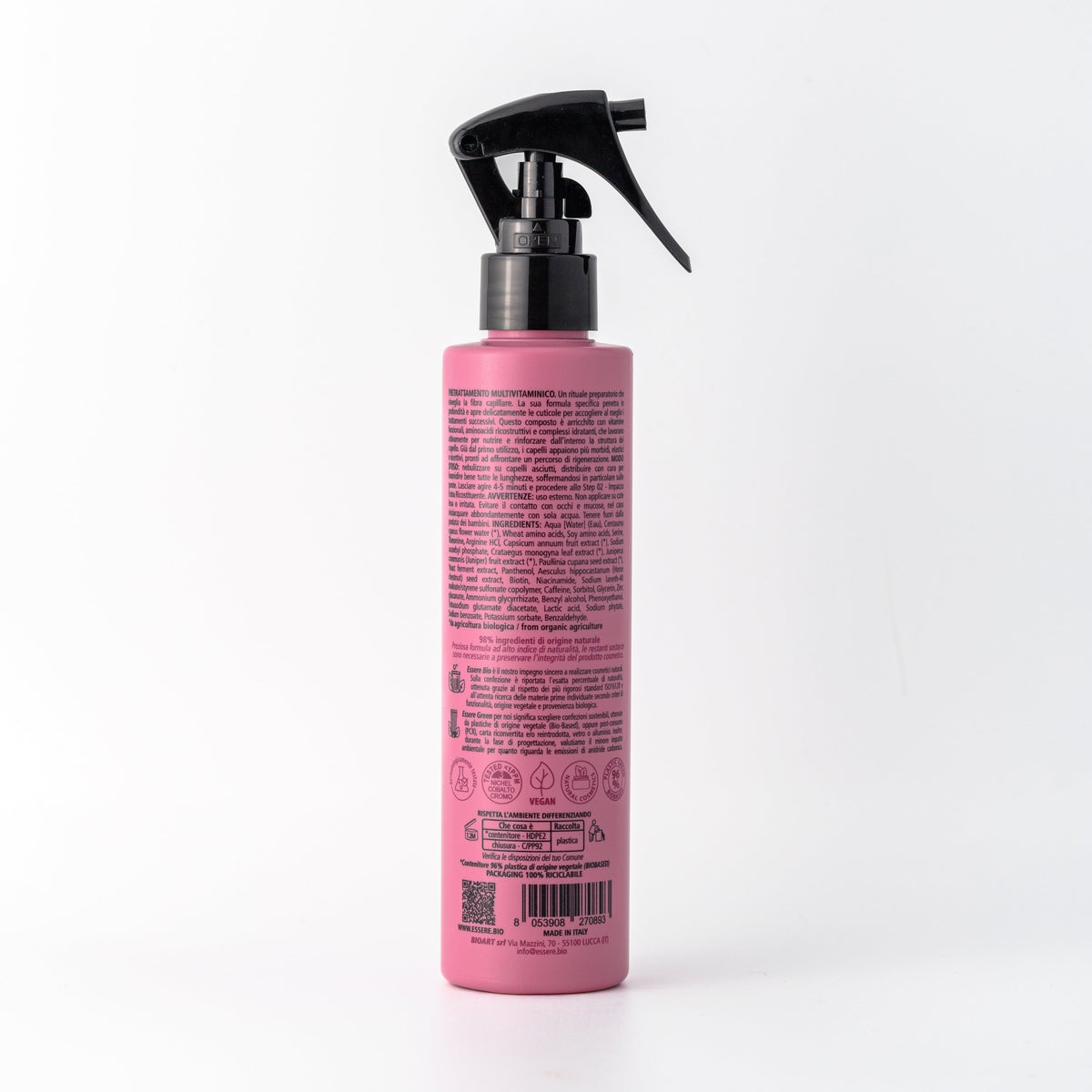 Back of the Essere Bio Multivitamin Pre-Treatment 200 ml with INCI and natural origin ingredients