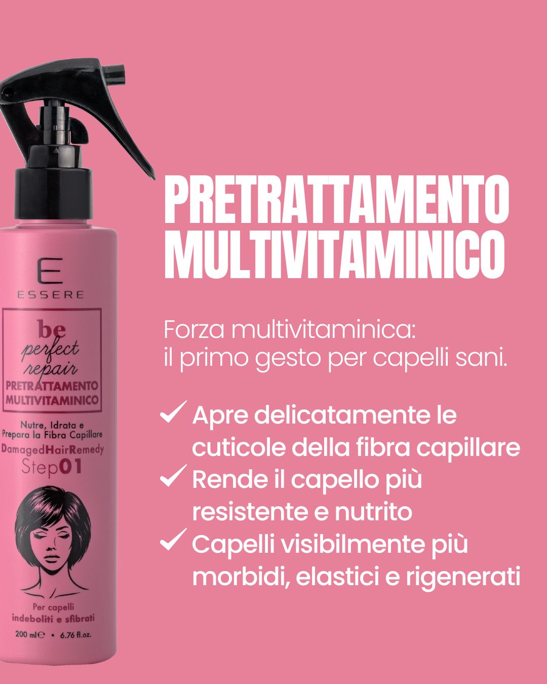 Benefits of the Essere Bio Multivitamin Pre-Treatment: opens the cuticles of the fiber and makes hair more resilient
