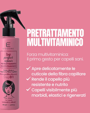 Benefits of the Essere Bio Multivitamin Pre-Treatment: opens the cuticles of the fiber and makes hair more resilient