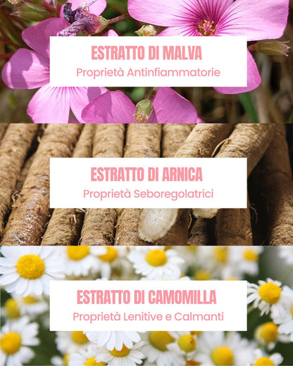 Attivi di Pure Skin Essere Bio: estratti di malva, arnica e camomilla lenitivi e seboregolatori