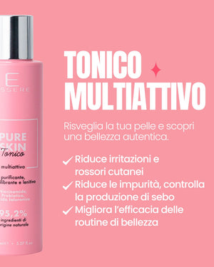 Pure Skin by Essere Bio benefits card: a toner that reduces redness and impurities and rebalances the skin