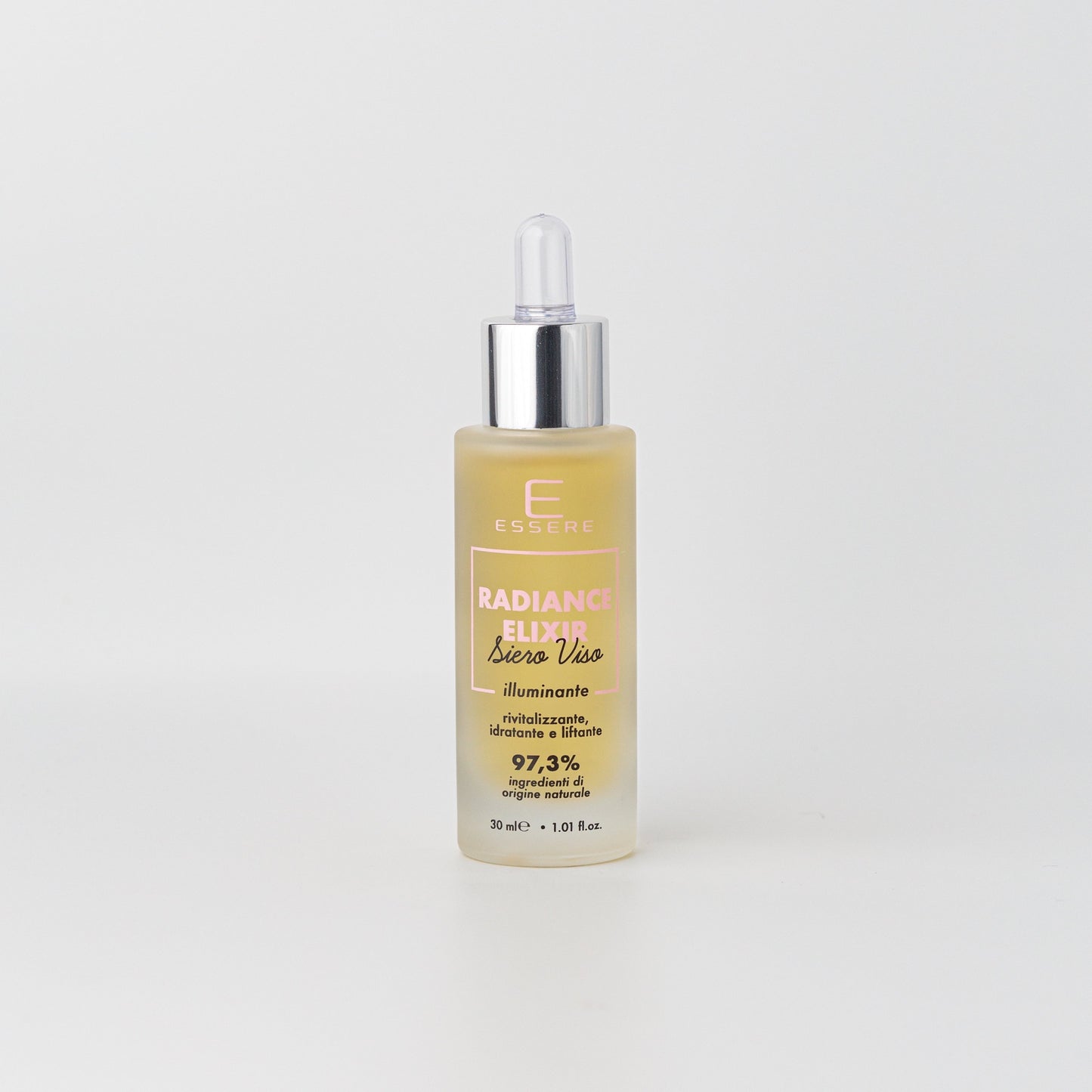 Flacone con contagocce di Essere Bio Radiance Elixir siero illuminante 30 ml Be Beauty, vista frontale