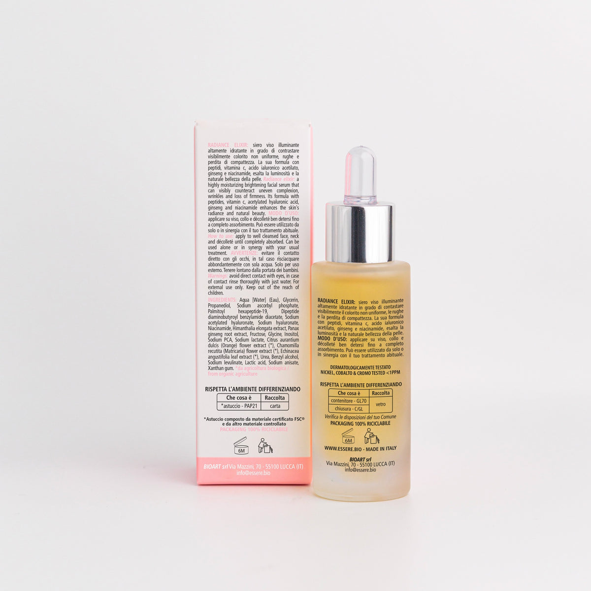 Back of the Essere Bio Radiance Elixir 30 ml bottle with INCI and 97.3% natural origin ingredients
