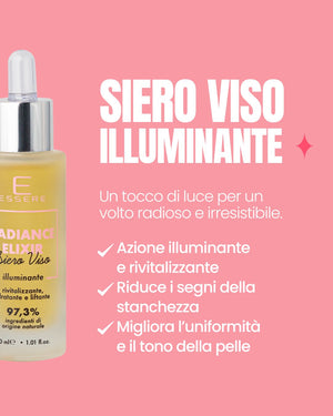 Radiance Elixir by Essere Bio benefits card: a brightening serum that firms and evens out the complexion