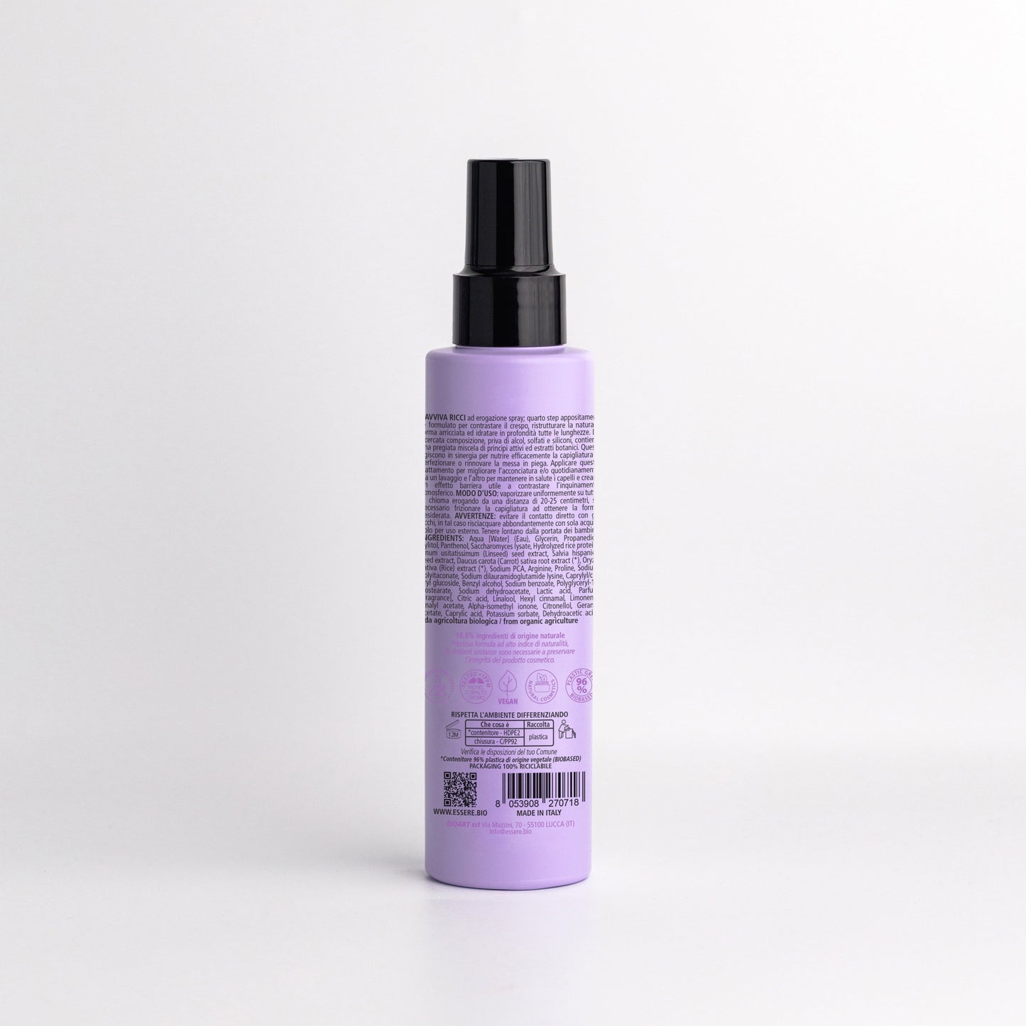 Retro del Ravviva Ricci Anticrespo Essere Bio 150 ml con INCI e ingredienti di origine naturale