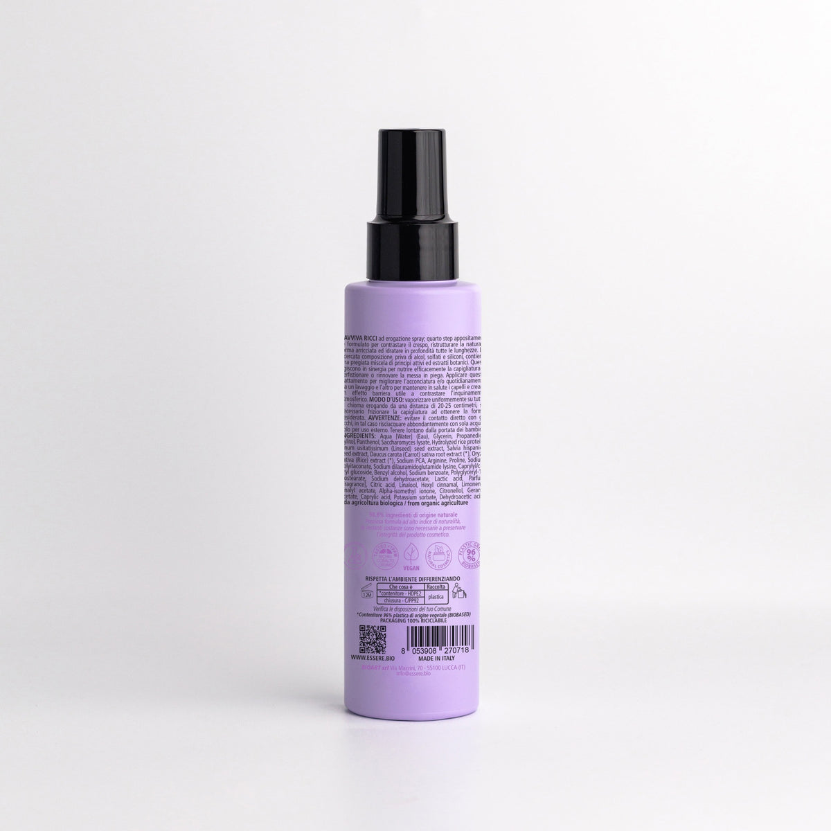 Back of the Essere Bio Anti-Frizz Curl Refresher 150 ml with INCI and natural origin ingredients