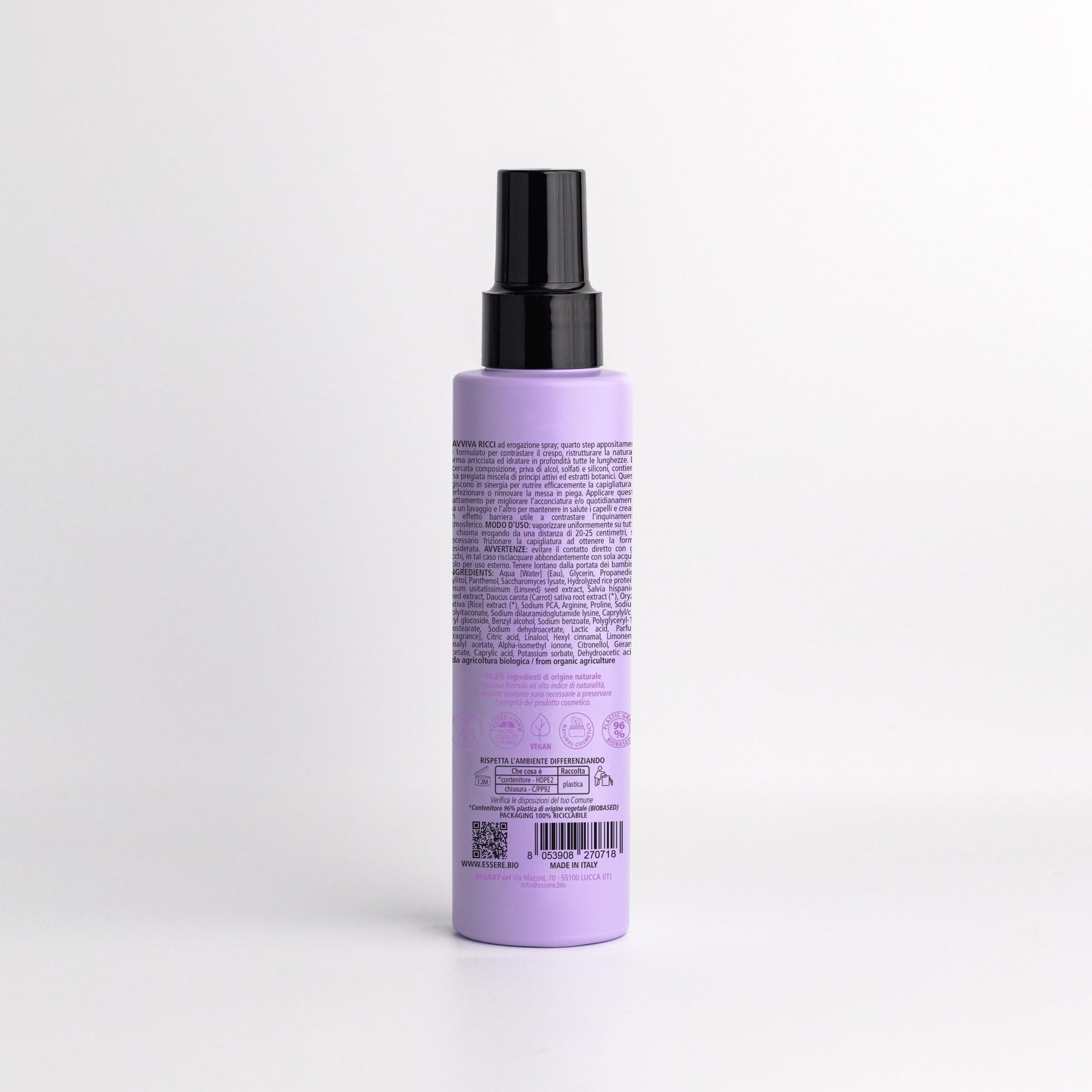 Retro del Ravviva Ricci Anticrespo Essere Bio 150 ml con INCI e ingredienti di origine naturale
