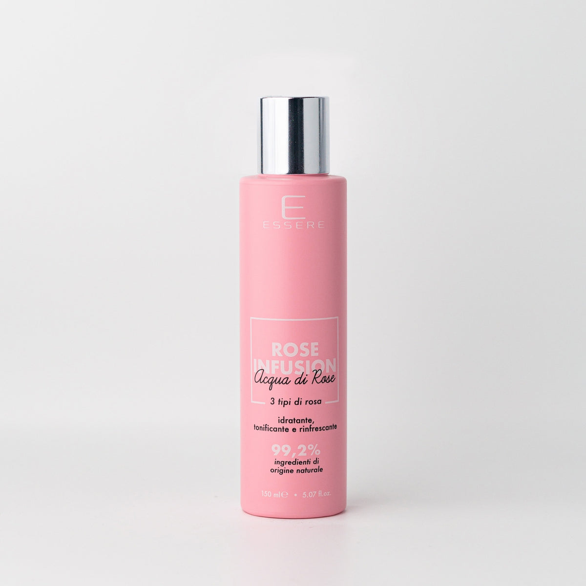 Essere Bio Rose Infusion rose water, Be Beauty 150 ml, pink bottle, front view on a light background