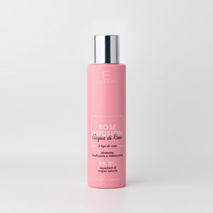 Essere Bio Rose Infusion rose water, Be Beauty 150 ml, pink bottle, front view on a light background